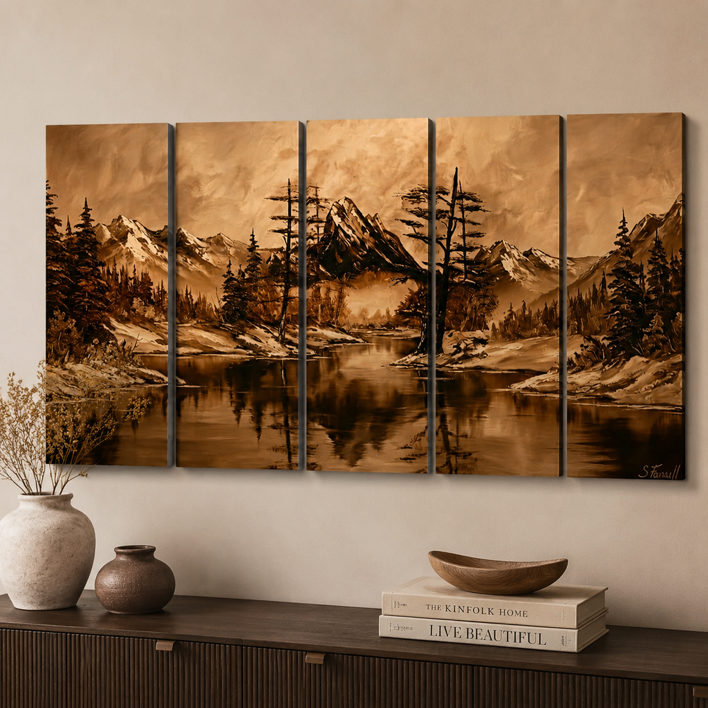 Oil Painting-Style Mountain & Trees Landscape Canvas Wall Art — Brown Tones