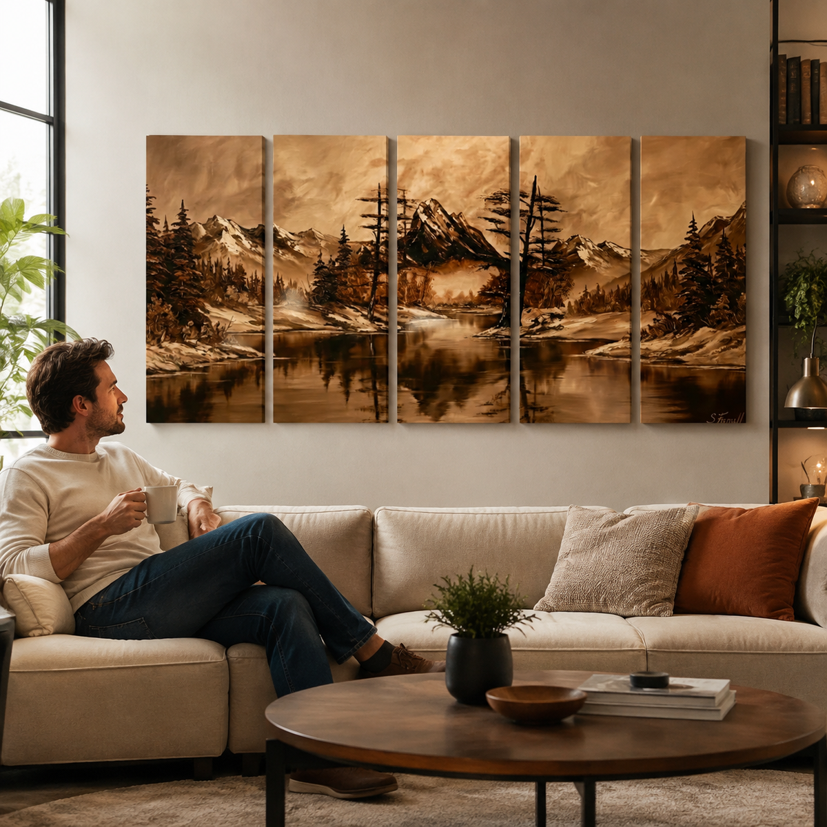 Oil Painting-Style Mountain & Trees Landscape Canvas Wall Art — Brown Tones