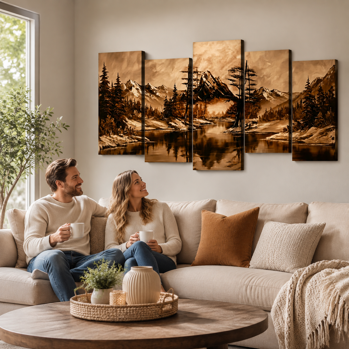 Oil Painting-Style Mountain & Trees Landscape Canvas Wall Art — Brown Tones