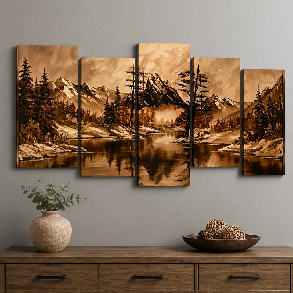 Oil Painting-Style Mountain & Trees Landscape Canvas Wall Art — Brown Tones