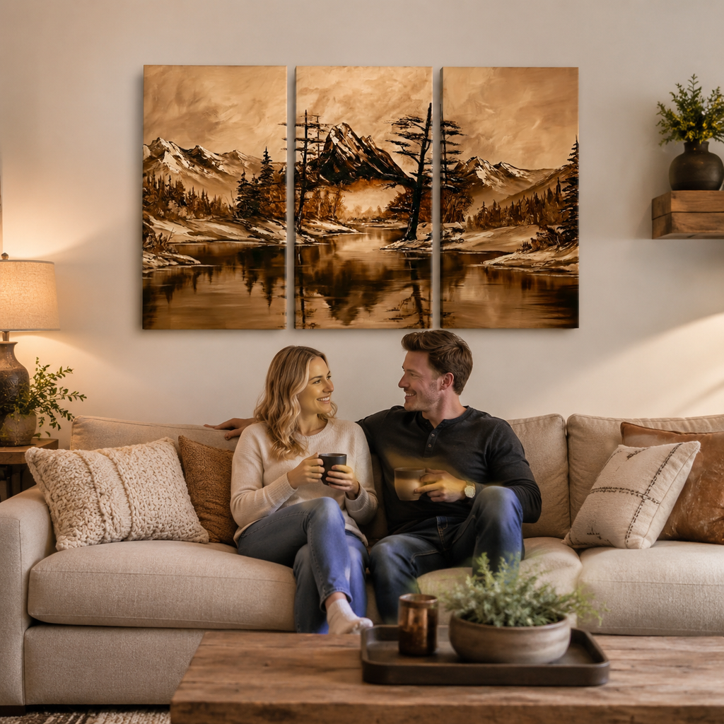 Oil Painting-Style Mountain & Trees Landscape Canvas Wall Art — Brown Tones