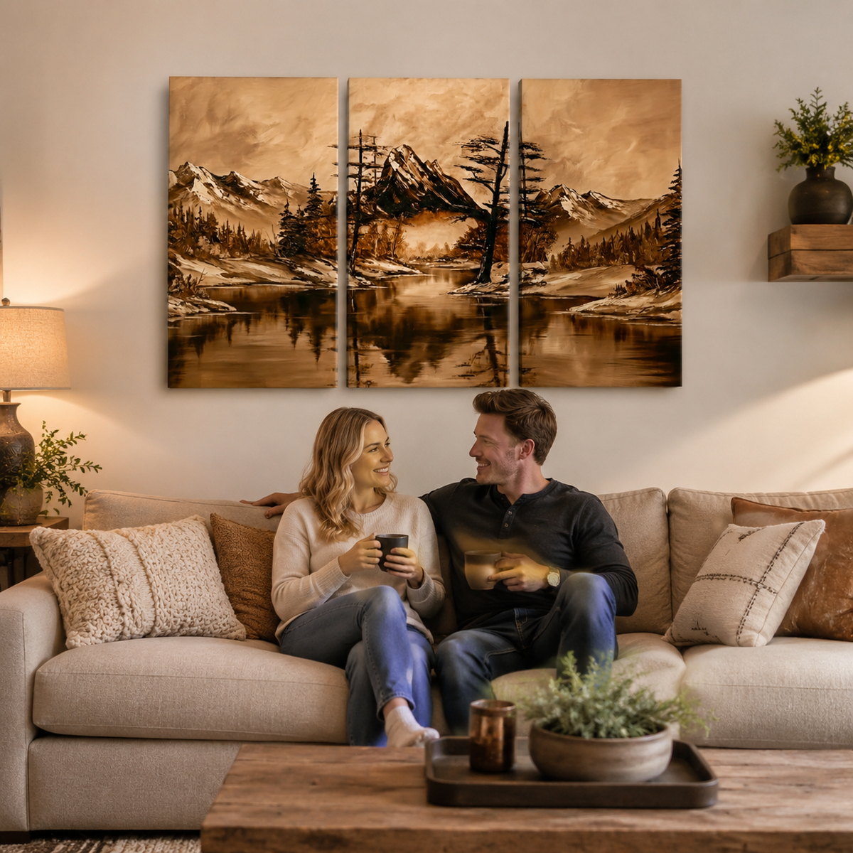 Oil Painting-Style Mountain & Trees Landscape Canvas Wall Art — Brown Tones