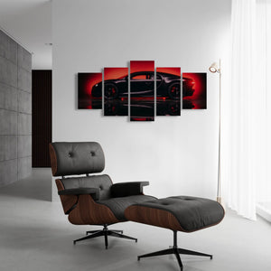 A modern living room setting featuring a multi-panel canvas wall art print of a black Bugatti Chiron sports car against a red background, displayed above a black leather and wood lounge chair with an ottoman.