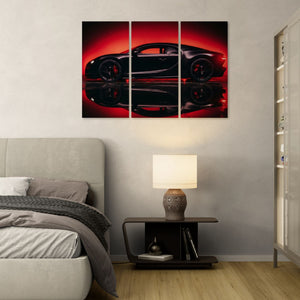 A three-panel canvas wall art print depicting a black Bugatti Chiron sports car against a dramatic red and black background, displayed above a bed in a modern bedroom setting.