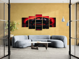 A 5-panel canvas wall art set depicting a black Bugatti Chiron sports car against a vibrant red and black background, displayed on a mustard yellow wall in a modern living room setting above a curved gray sofa.