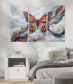 Colorful butterfly artwork on a wall above a bed in a bedroom.