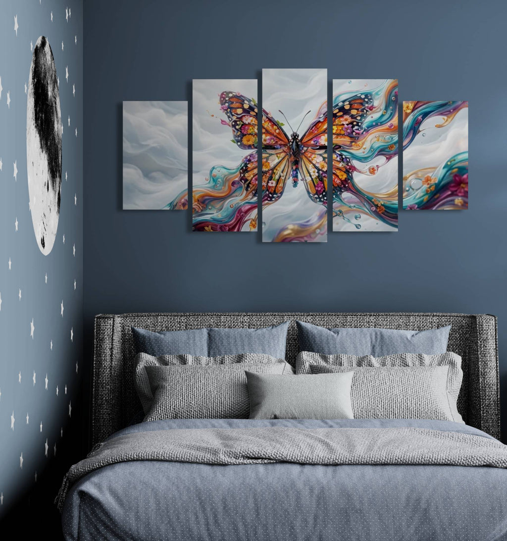 Bedroom with a large abstract butterfly painting on the wall