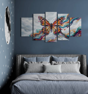 Bedroom with a large abstract butterfly painting on the wall