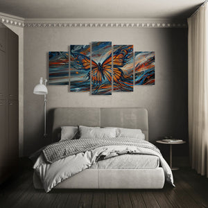 Bedroom with a large abstract butterfly painting on the wall