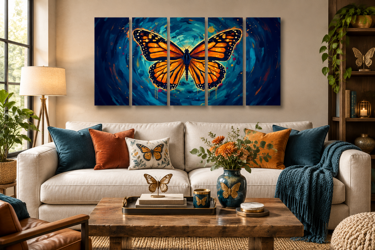 Butterfly-themed living room canvas mockup