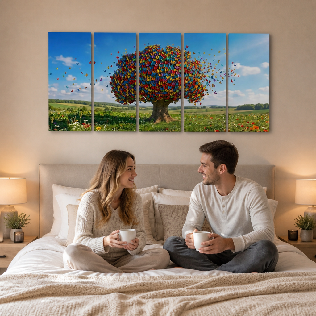 A couple sits on a bed in a warmly lit bedroom, holding mugs and looking at a large five-panel canvas wall art piece above the headboard. The artwork shows a colorful tree made of balloons under a blue sky with clouds and a green field.