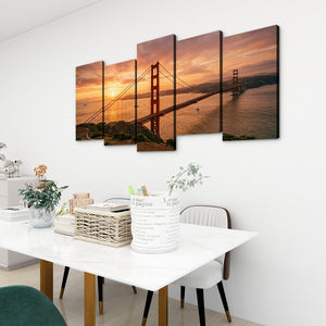 Golden Gate at Golden Hour – 5-Panel Canvas Wall Art