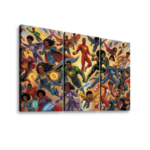 A three-panel canvas wall art print featuring a dynamic comic-style illustration of many superheroes flying forward against a warm glowing background.