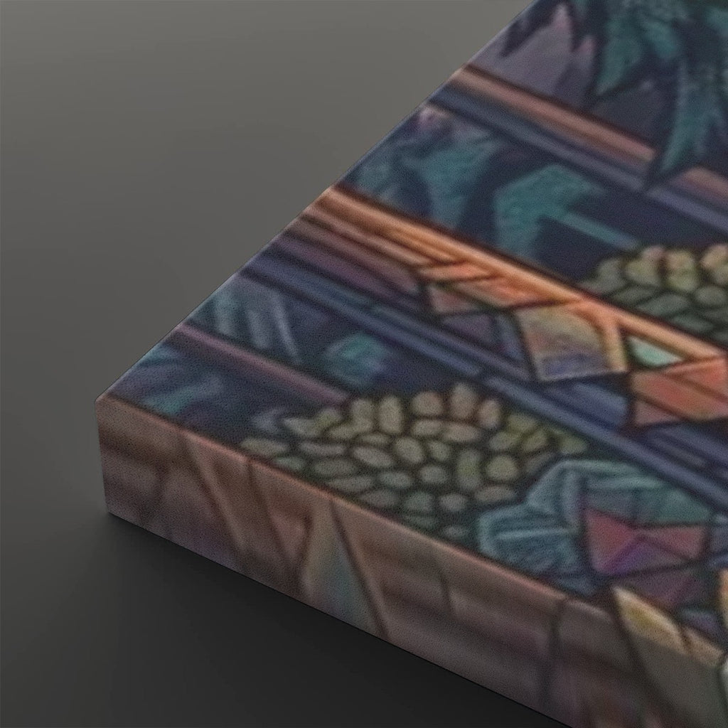 A close-up of a rectangular product corner showing a colorful abstract geometric pattern with teal, purple, orange, and brown tones on a dark gray background.