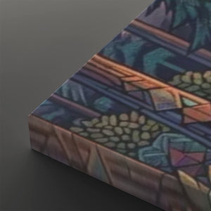 A close-up of a rectangular product corner showing a colorful abstract geometric pattern with teal, purple, orange, and brown tones on a dark gray background.