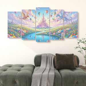 A 5-panel canvas wall art set depicting a whimsical fantasy landscape with a castle, river, flowers, hot air balloons, and dragons, displayed above a green sofa in a living room setting.