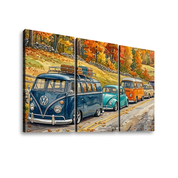 VW Beetle & Bus Watercolor Canvas Wall Art – Classic Volkswagen Parade | 5-Panel Level Print