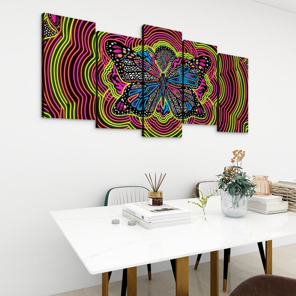 Neon Wings Psychedelic Butterfly Canvas Wall Art – Vibrant Abstract Print | 1, 3 & 5 Panel