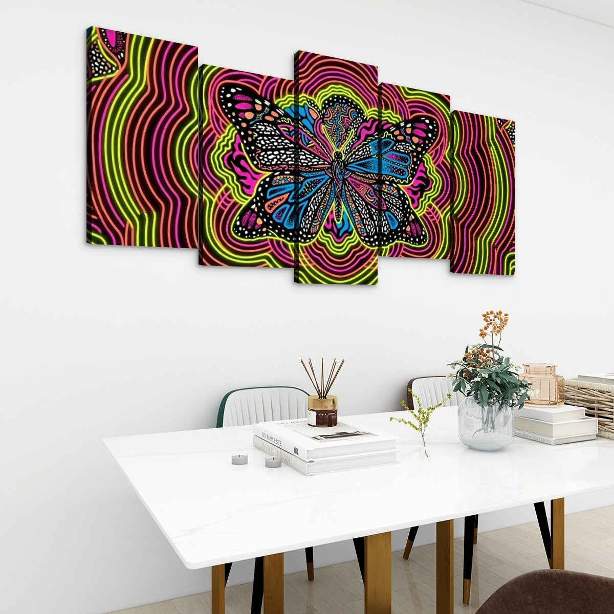 Neon Wings Psychedelic Butterfly Canvas Wall Art – Vibrant Abstract Print | 1, 3 & 5 Panel