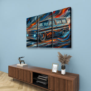 A three-panel canvas wall art set depicting a stylized vintage 1966 Chevy Suburban Carryall  with swirling blue, orange, red, and black brushstrokes, displayed above a wooden console in a modern room setting.