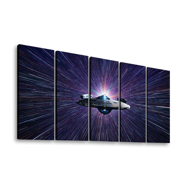 A five-panel canvas wall art set depicting a futuristic spaceship traveling through a starburst space scene with purple, blue, and white light trails on a white background.