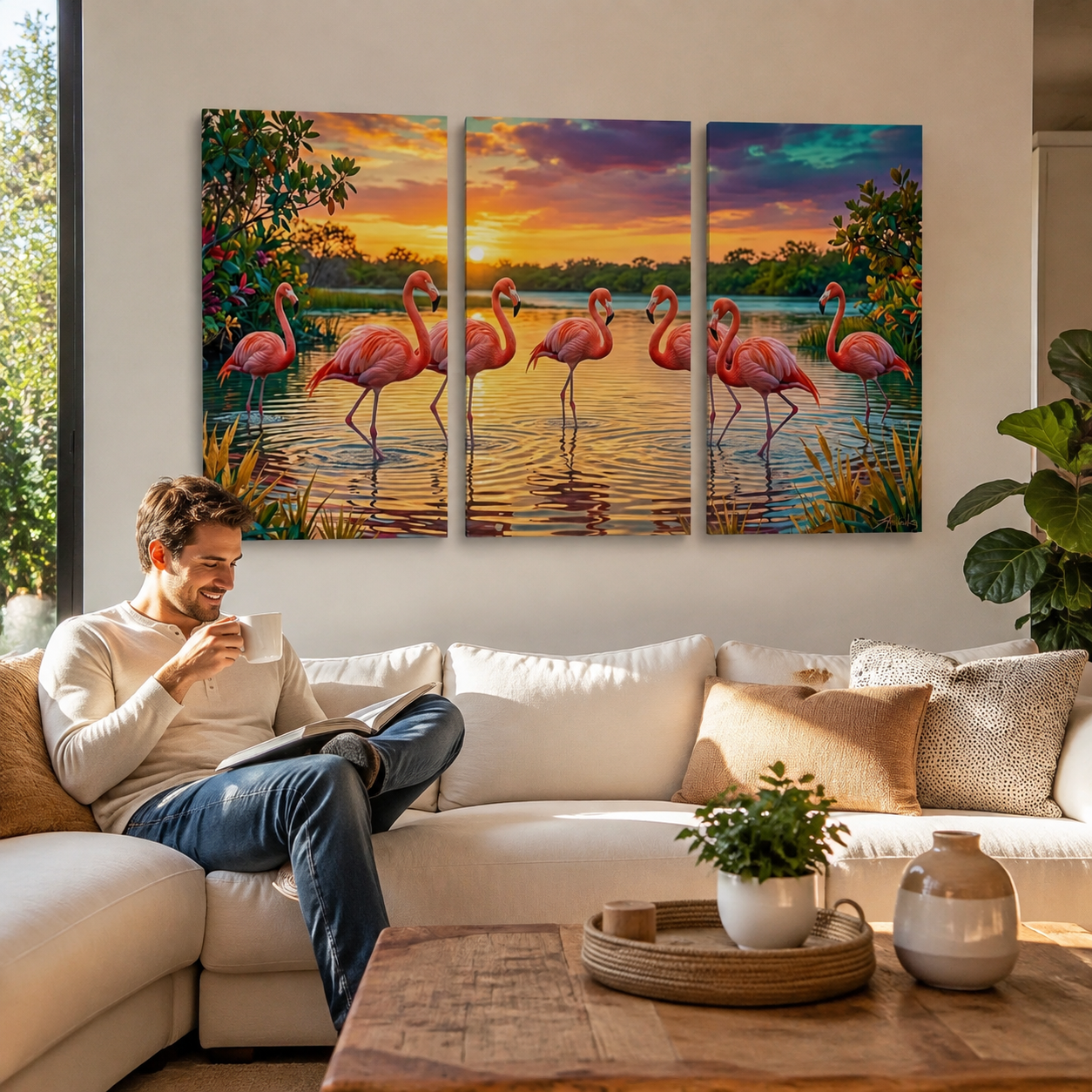 Pink Flamingo at Golden Hour Sunset Canvas Wall Art