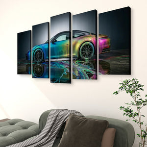A 5-panel canvas wall art set depicting a sports car with an iridescent rainbow finish, displayed on a wall above a sofa in a living room setting.