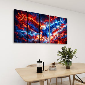 A five-panel canvas wall art set depicting a dramatic fiery eagle with red, orange, and blue flames, displayed on a white wall above a dining table with a plant and coffee maker.