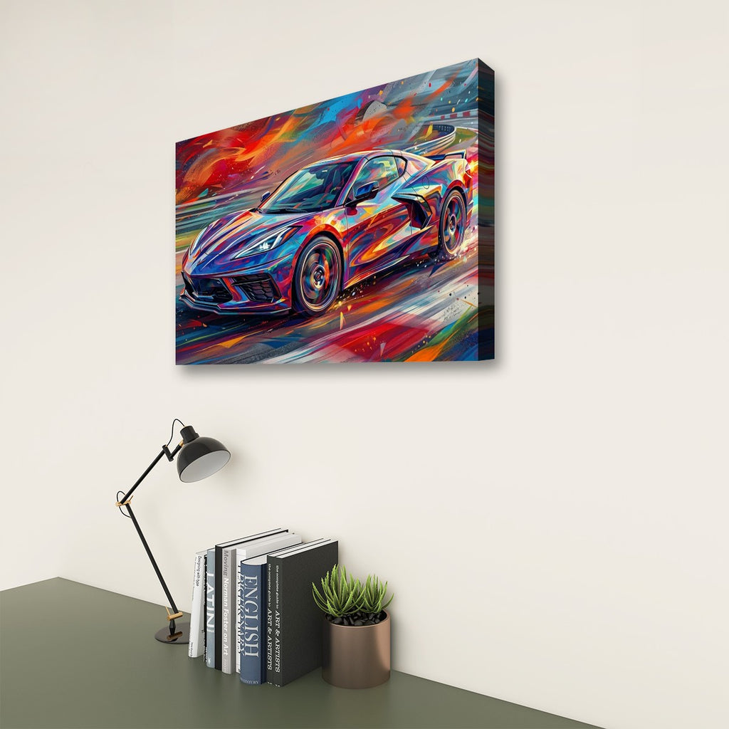 A colorful canvas wall art print depicting a  Corvette sports car in a dynamic, painterly style, shown hanging on a light beige wall above a desk with books, a lamp, and a small plant.