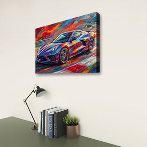 A colorful canvas wall art print depicting a  Corvette sports car in a dynamic, painterly style, shown hanging on a light beige wall above a desk with books, a lamp, and a small plant.
