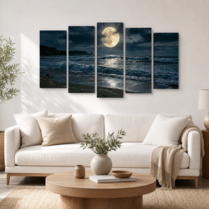 Gulf Moon Reflection Canvas Wall Art – Moonlit Beach Night Scene | 1, 3 & 5 Panel Coastal Print