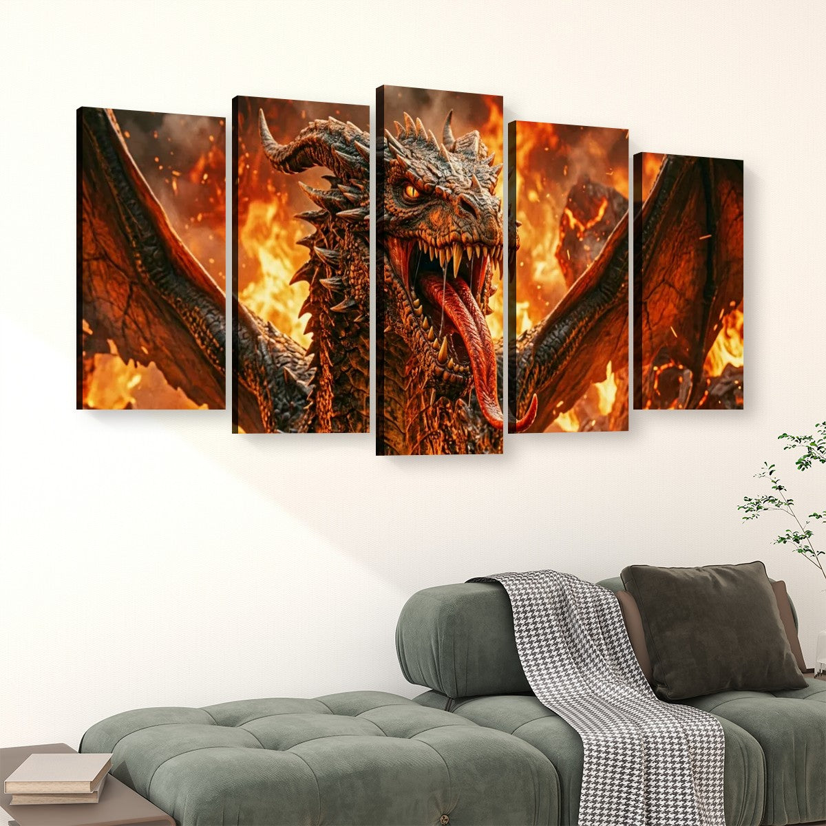 A 5-panel canvas wall art set depicting a fiery dragon, displayed in a living room setting above a green sofa with a checkered throw blanket.