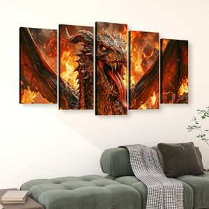 A 5-panel canvas wall art set depicting a fiery dragon, displayed in a living room setting above a green sofa with a checkered throw blanket.