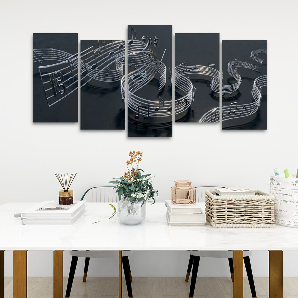 Chrome Musical Notes & Ribbon Split Canvas Panel Wall Art Decor
