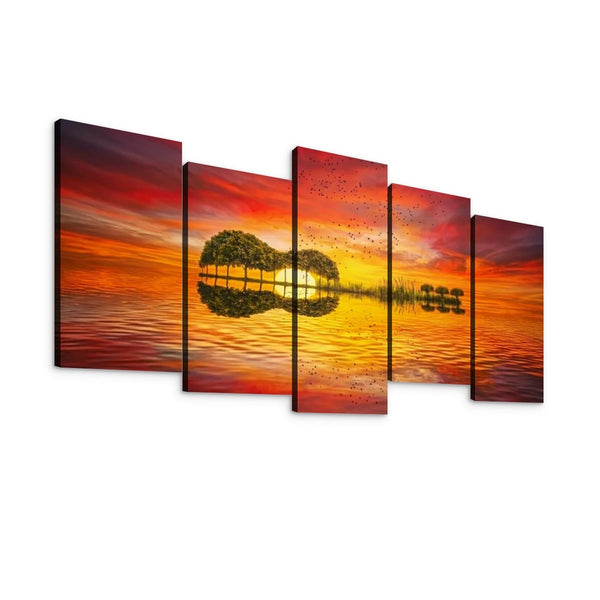 A five-panel canvas wall art set depicting a dramatic sunset over water with a heart-shaped tree reflection and birds in the sky, shown against a plain white background.