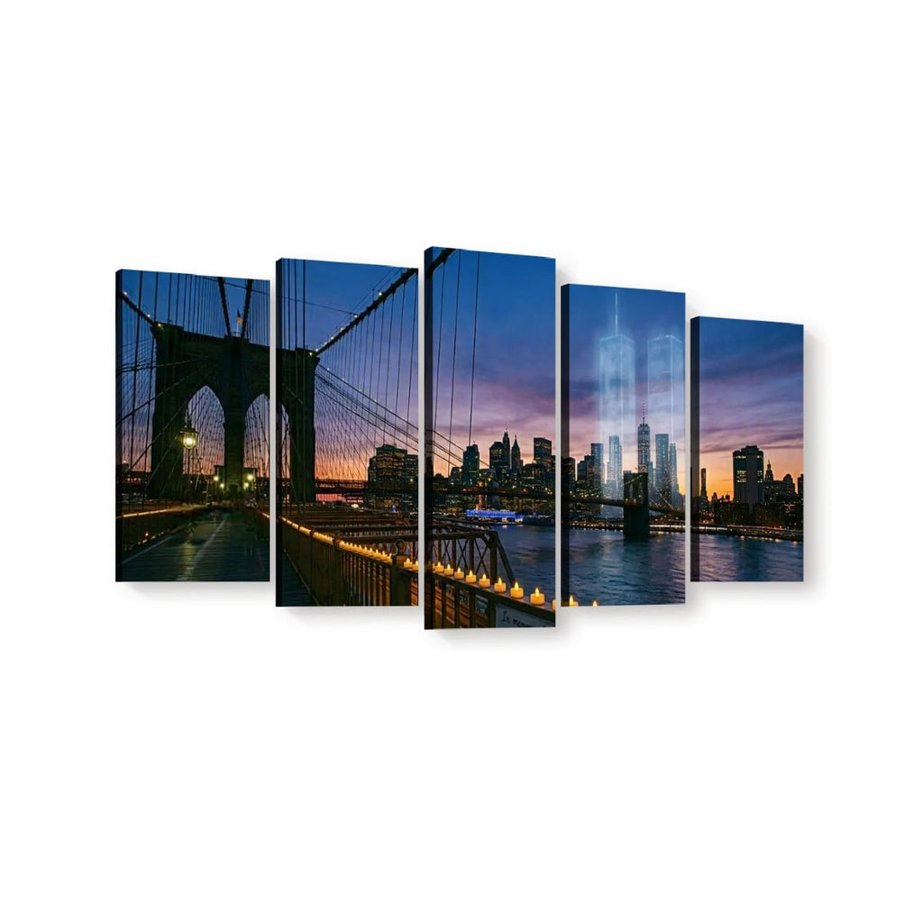 A five-panel canvas wall art set depicting a New York City skyline at dusk, including the Brooklyn Bridge, illuminated skyscrapers, and water under a purple and orange sunset sky.