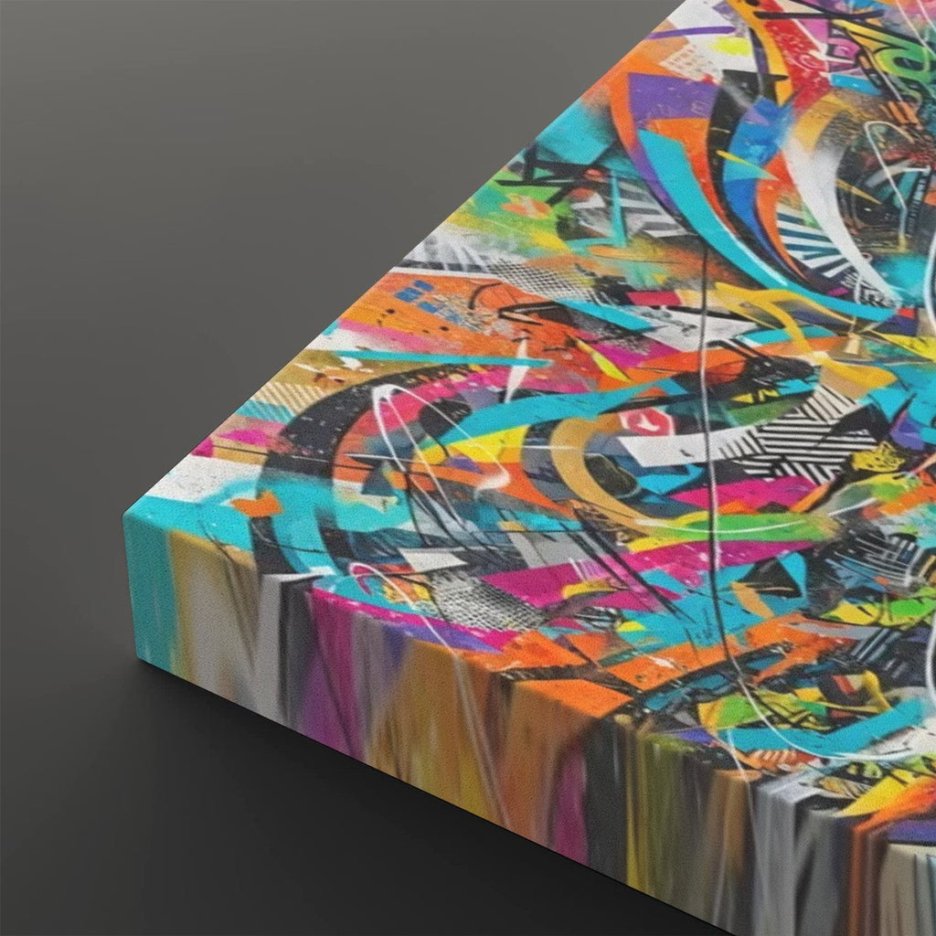 A square canvas wall art print featuring a vibrant, multicolored abstract graffiti design, shown at an angle against a dark gray background.