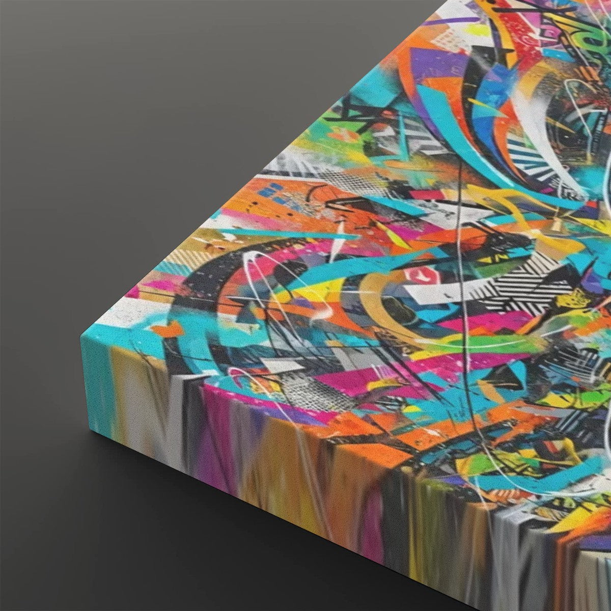 A square canvas wall art print featuring a vibrant, multicolored abstract graffiti design, shown at an angle against a dark gray background.