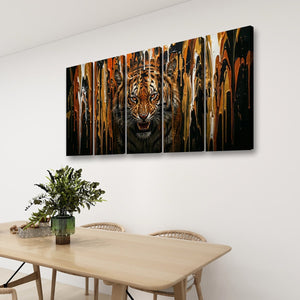 Unleashed – Tiger Bursting Through Dripping Paint 5-Panel Canvas Wall Art