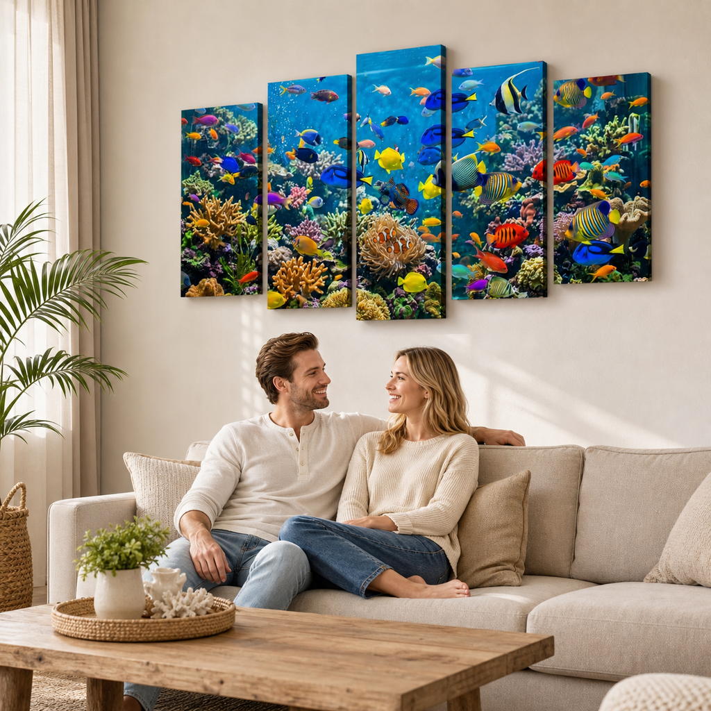 Colorful Fish Aquarium Canvas Wall Art — Vibrant Multi-Panel Print