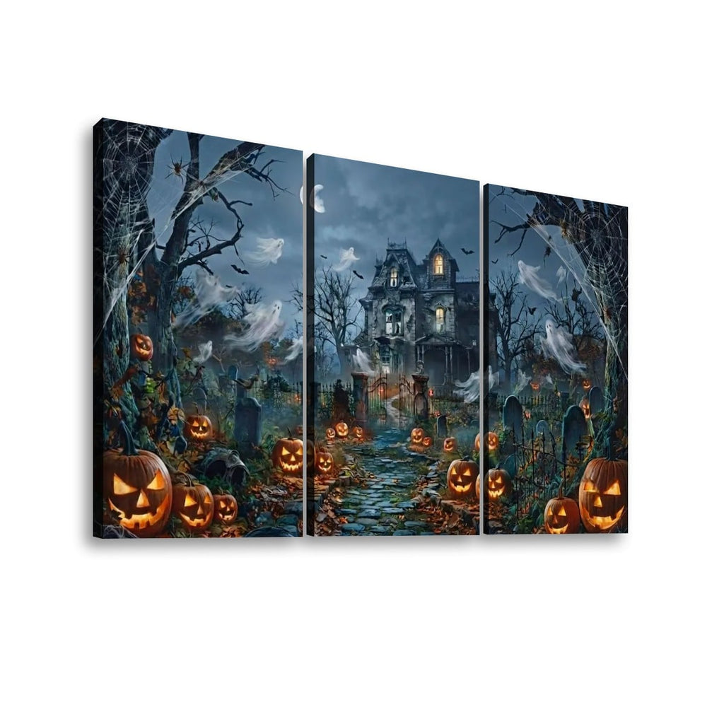 Halloween Haunted House Pumpkins & Moon — 5-Panel Level Canvas Wall Art