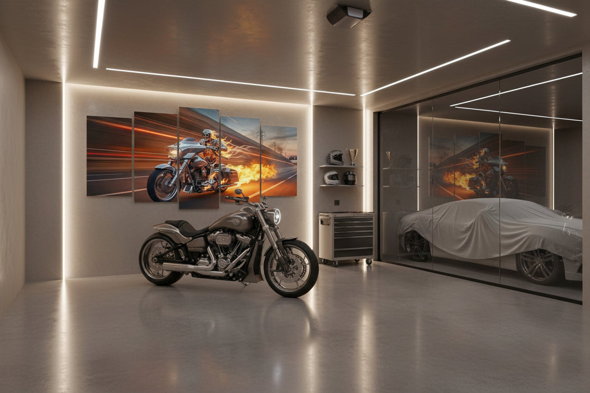 A 5-panel canvas wall art set depicting a Harley motorcycle rider with flames, displayed on a wall above a green sofa in a living room setting.