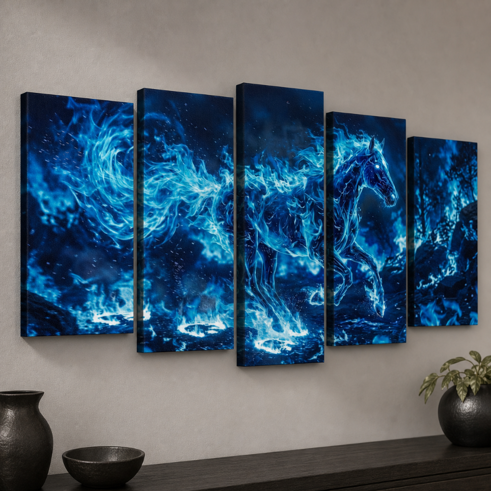 A five-panel canvas wall art set depicting a glowing blue horse in an abstract, fiery blue and black composition, displayed on a beige wall above a dark console table with decorative vases and a plant.