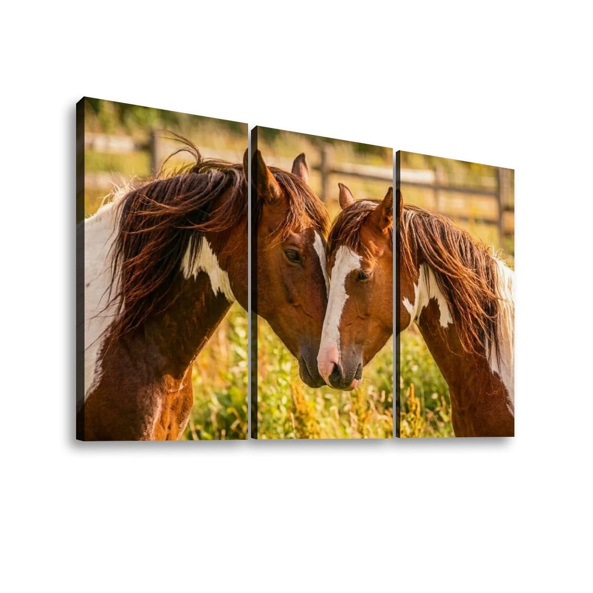 Three-panel canvas wall art showing two brown horses with white markings in a sunlit field, displayed against a light gray background.