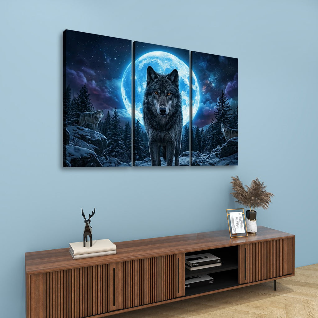 Howling Wolves with Blue Moon — 5-Panel Canvas Wall Art
