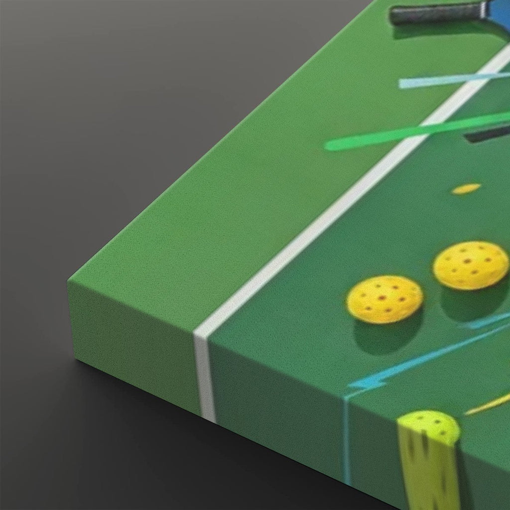 A close-up of a green rectangular product, likely a box or package, featuring a stylized graphic of a sports court with white lines, yellow perforated discs, and a black handle on top, set against a dark gray background.