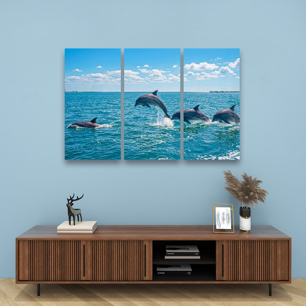 Dolphins Jumping, Breaching, Porpoising in the Gulf of Mexico Canvas Wall Art — Single & Multi-Panel Prints