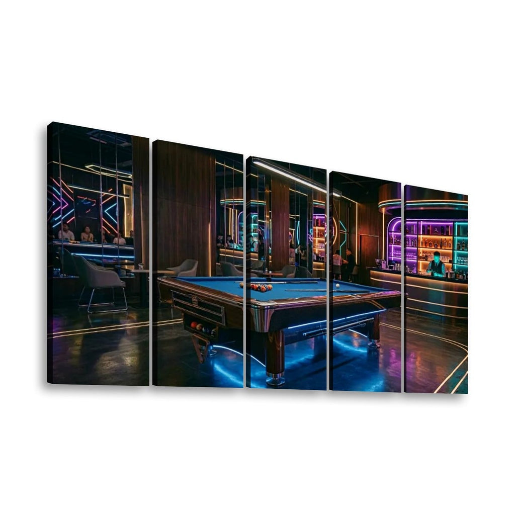 Billiards Pool Lounge Neon Lights Bar — 1, 3, 5-Panel Level Canvas Wall Art