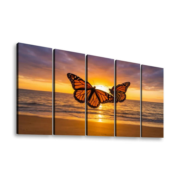 A five-panel canvas wall art set depicting two monarch butterflies silhouetted against a golden sunset over the ocean and beach.