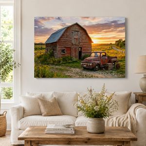 Ford F1 Pickup at Golden Hour — Rustic Bar & Sunset Canvas Wall Art
